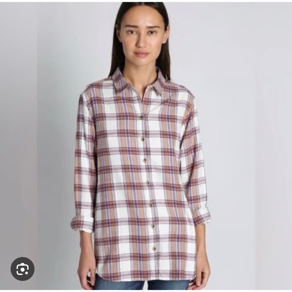 Jachs women Large Girlfriend button down pocket shacket plaid purple tan flannel